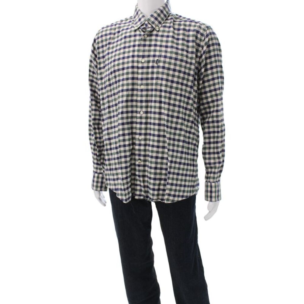 Barbour Mens Button Up Long Sleeve Collared Plaid Shirt Green White Blue Large